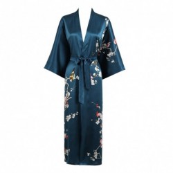 Grace Silk 100% Silk Long Robe Kimono, Plum Blossom, BlueGreen