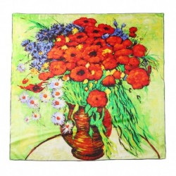 100% Silk Scarf With Hand Rolled Edges, Large, Vincent van Gogh, Vase with Red Poppies and Daisies