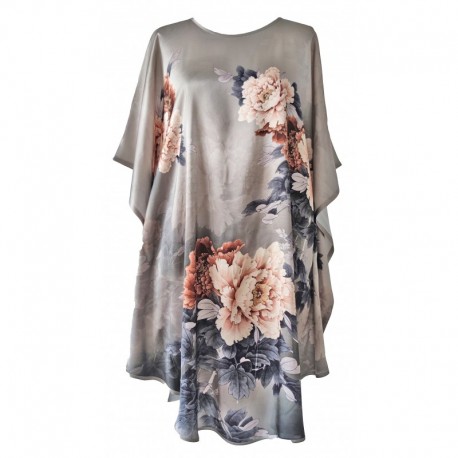 Grace Silk 100% Silk Nightgown, Peonies in the Mist, Silver