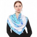 100% Silk Scarf With Hand Rolled Edges, Large, Circle Of Flowers, Light Blue