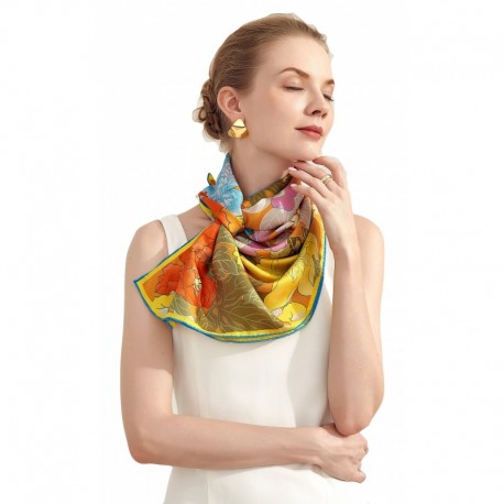 100% Silk Scarf With Hand Rolled Edges, Large, Floral Garden, Multicolored w Yellow/Blue Trim
