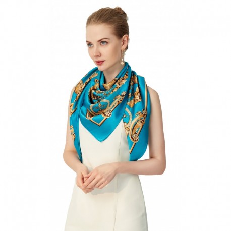 100% Silk Scarf, Extra-Large, Royal Pine Cone, Blue