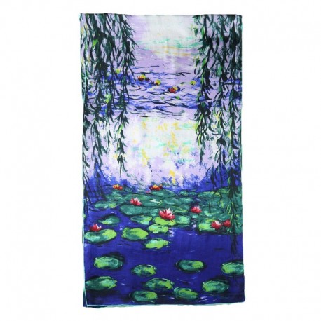 100% Silk Scarf, Oblong, With Hand Rolled Edges, Claude Monet, Summer Water Lilies