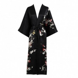 Grace Silk 100% Silk Long Robe Kimono, Winter Plum Blossom, Black