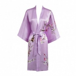 Grace Silk 100% Silk Short Robe Kimono, Plum Blossoms, Thistle